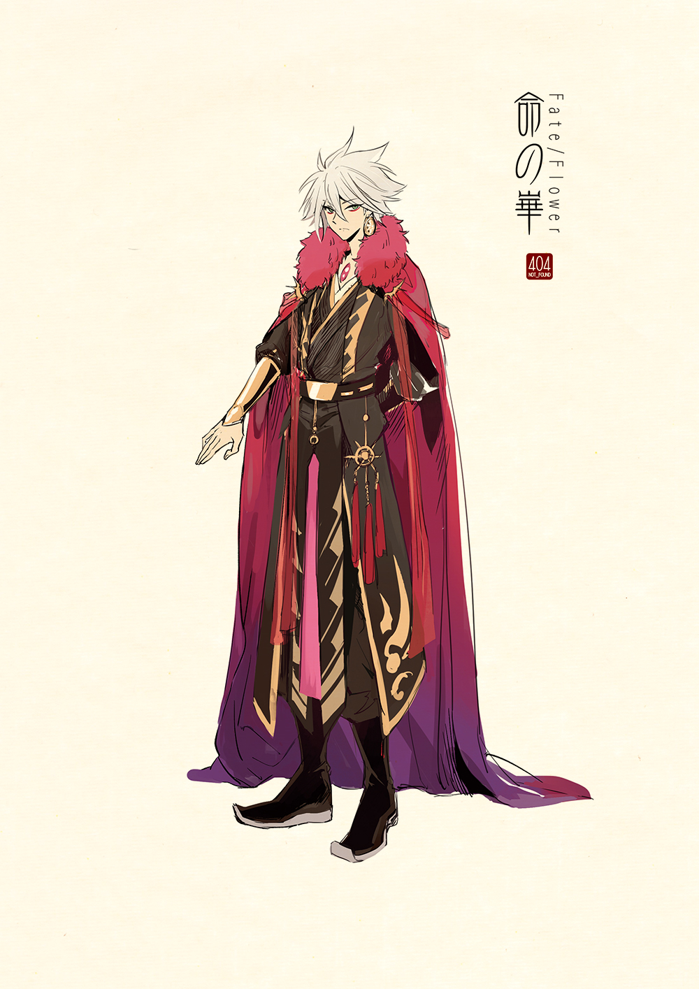 1boy adapted_costume arm_behind_back arm_guards artist_name bangs beige_background black_footwear boots cape capelet character_request chinese_clothes closed_mouth concept_art copyright_name earrings fate/grand_order fate_(series) frown full_body fur-trimmed_capelet fur_trim hanfu highres jewelry logo long_sleeves looking_at_viewer makeup male_focus mascara o-ring outstretched_arm pants red_cape ribbon robe sash silver_hair simple_background solo standing sun_(symbol) tassel zerocastle