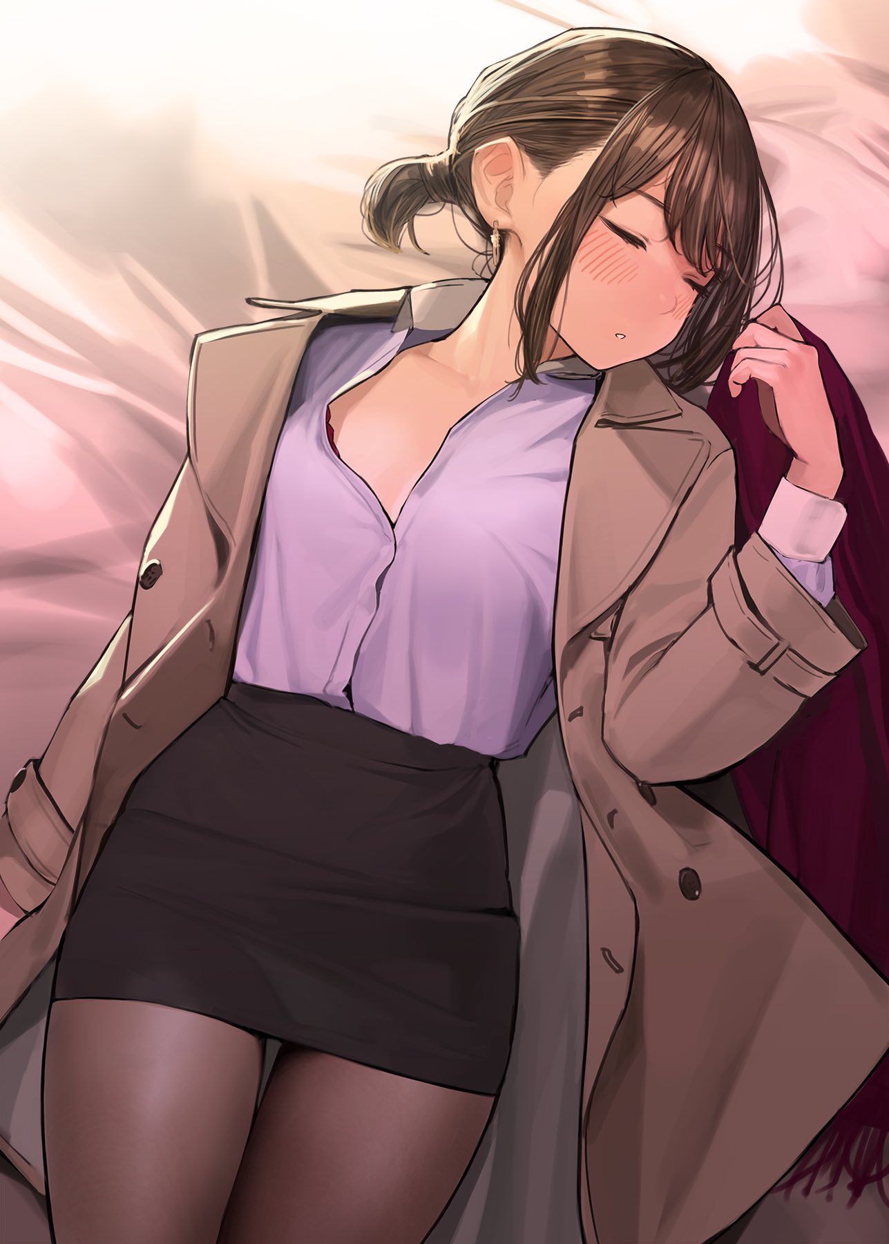 1girl black_skirt blush bra bra_peek brown_coat brown_hair brown_legwear closed_eyes coat collared_shirt commentary_request earrings highres jewelry office_lady open_clothes open_coat original pantyhose pencil_skirt shirt shirt_tucked_in sidelocks skirt sleeping solo tied_hair trench_coat underwear yomu_(sgt_epper)