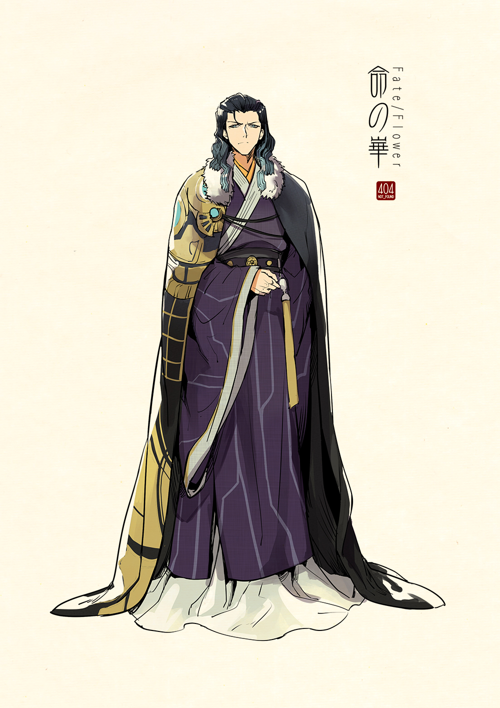1boy adapted_costume aqua_eyes aqua_hair arm_behind_back artist_name beige_background black_hair cape character_request chinese_clothes closed_mouth concept_art copyright_name fate/grand_order fate_(series) frown full_body fur-trimmed_cape fur_trim furrowed_eyebrows gradient_hair hair_strand hanfu highres logo long_sleeves looking_at_viewer male_focus medium_hair multicolored_hair robe sash simple_background sleeves_past_wrists solo standing tassel wide_sleeves widow's_peak zerocastle