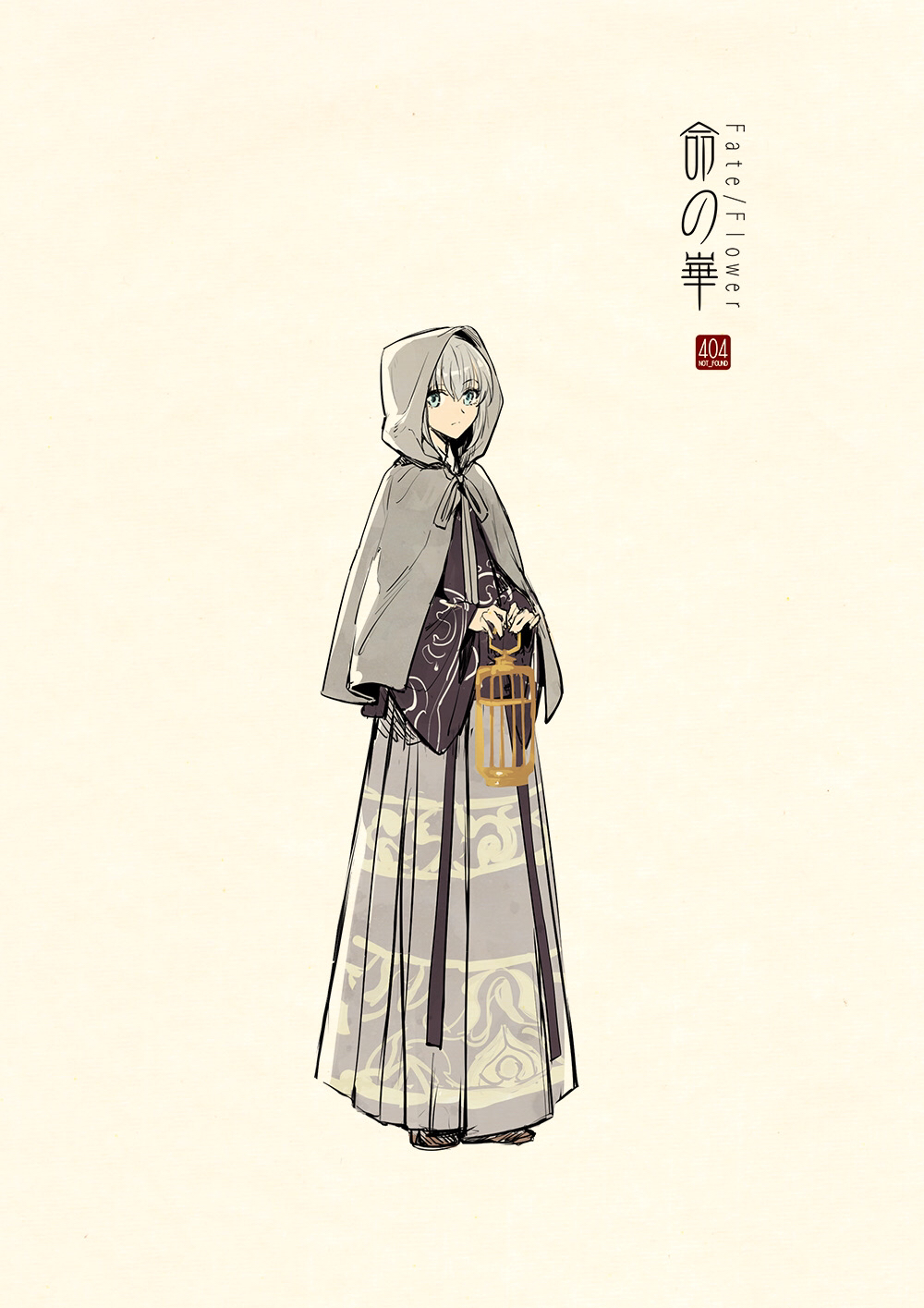 1girl adapted_costume artist_name bangs beige_background birdcage blue_eyes cage character_request chinese_clothes cloak closed_mouth concept_art copyright_name fate/grand_order fate_(series) frown full_body grey_hair hanfu highres holding hood hood_up hooded_cloak logo long_sleeves looking_at_viewer ribbon robe sash shoes simple_background solo standing unmoving_pattern wide_sleeves zerocastle