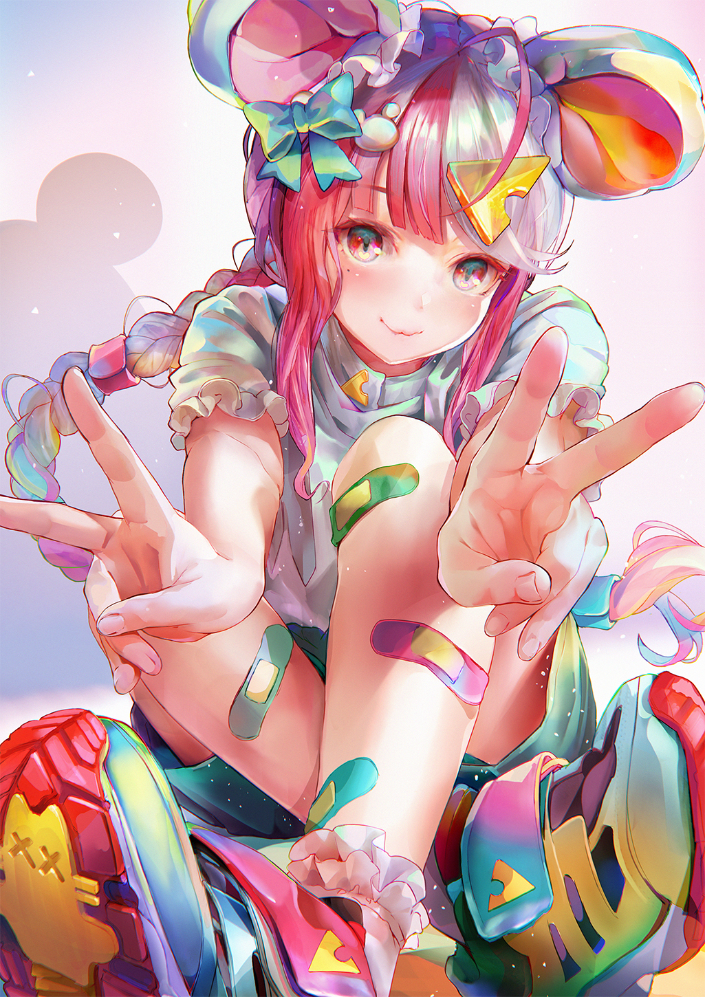 1girl :3 ahoge animal_ears aqua_bow bandaid bandaid_on_leg bangs bare_arms blush bobby_socks bow braid braided_ponytail cheese_hair_ornament chinese_zodiac closed_mouth colored_eyelashes colorful commentary_request crossed_ankles crossed_legs double_v fake_animal_ears food_themed_hair_ornament frilled_sleeves frills green_shorts hair_bow hair_ornament hair_tubes heart heart_in_eye highres knees_up long_hair mole mole_under_eye mouse_ears mouse_hair_ornament multicolored_footwear multicolored_hair original outstretched_arms pink_eyes pink_hair redhead shadow shirt shoe_soles shoes short_sleeves shorts sidelocks single_braid sitting smile sneakers socks solo symbol_in_eye tocope two-tone_hair v very_long_hair white_hair white_legwear white_shirt year_of_the_rat