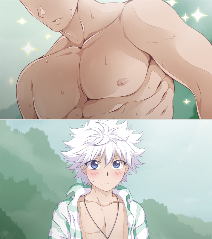 2boys blush gon-san gon_freecss hair_between_eyes hunter_x_hunter jewelry killua_zoldyck multiple_boys muscle necklace open_clothes open_shirt shailo shirt sparkle sweat white_hair yaoi