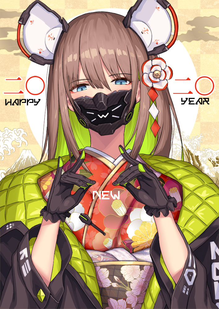 1girl 2020 2d animal_ears bangs black_coat black_gloves blue_eyes brown_hair checkered checkered_background clouds double_fox_shadow_puppet english_commentary eyebrows_visible_through_hair floral_print flower gloves green_eyes hair_between_eyes hair_flower hair_ornament happy_new_year japanese_clothes kimono long_hair looking_at_viewer mask mechanical_ears mountain mouse_ears multicolored_hair new_year obi original print_kimono red_kimono sash solo two-tone_hair waves