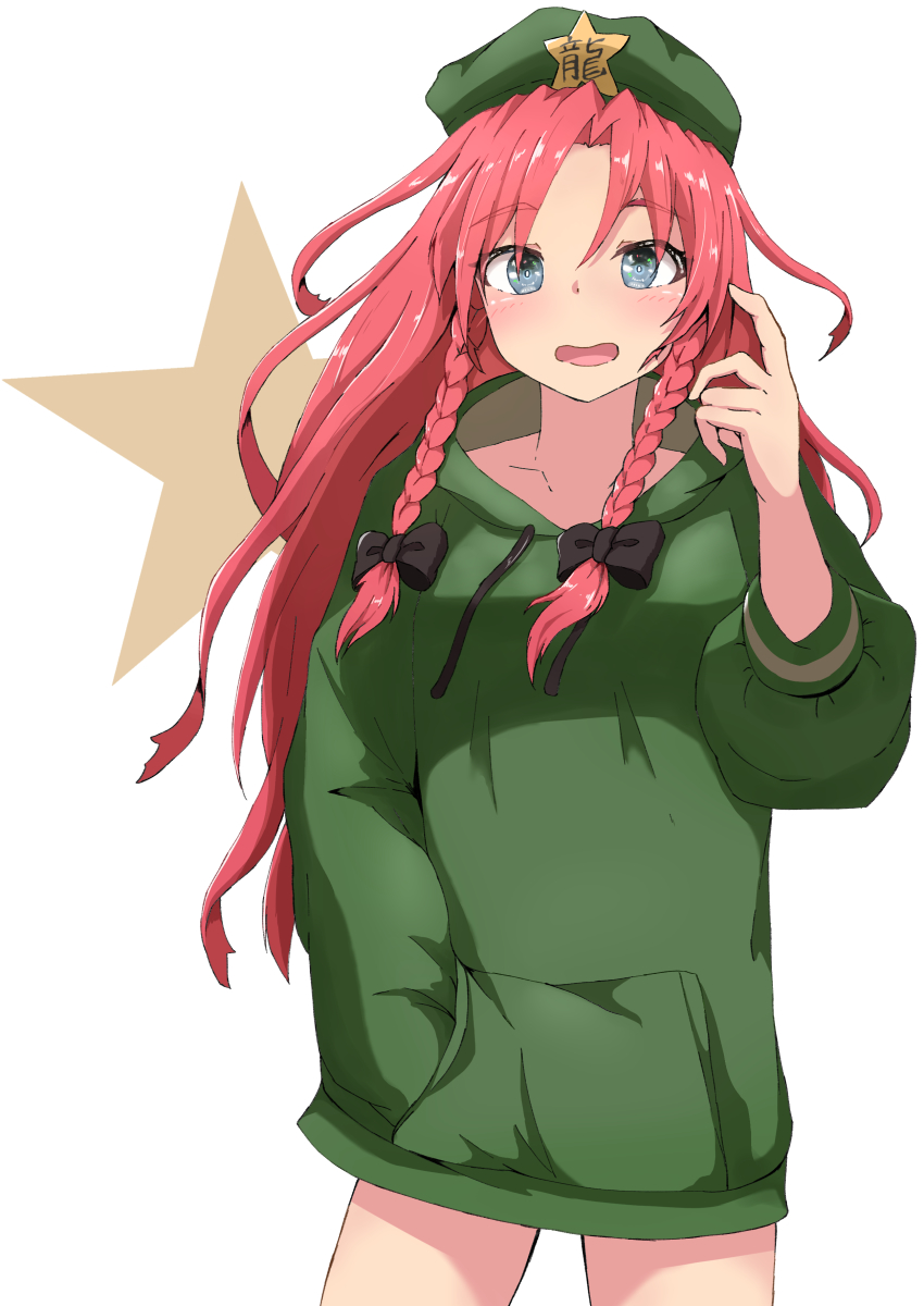 1girl alternate_costume arm_up bangs blue_eyes blush braid bright_pupils contrapposto cowboy_shot drawstring finger_to_head flat_cap green_headwear green_hoodie hair_ribbon hand_in_pocket hat highres hong_meiling hood hood_down hoodie long_hair looking_at_viewer mizune_(winter) open_mouth parted_bangs redhead ribbon simple_background solo standing star touhou tress_ribbon twin_braids very_long_hair white_background white_pupils