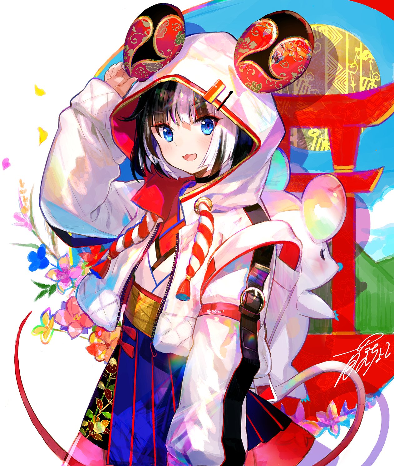 1girl :d animal_ears backpack bag black_hair blue_eyes chinese_zodiac fuji_choko highres hood hooded_jacket jacket looking_at_viewer mouse_ears multicolored_hair new_year open_mouth original signature smile solo two-tone_hair white_hair year_of_the_rat