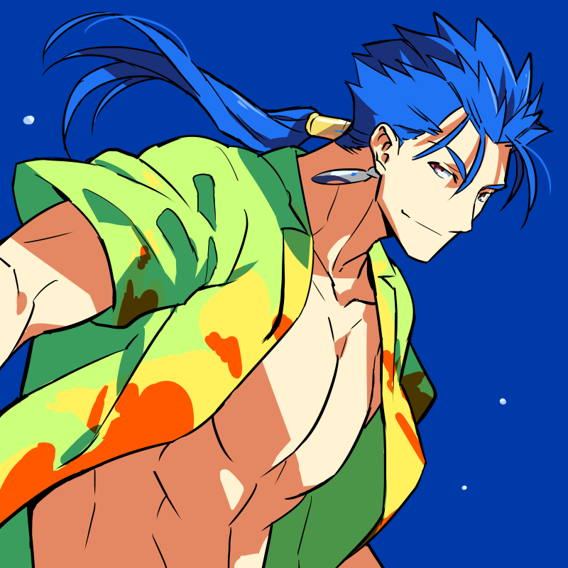 1boy blue_background blue_hair cu_chulainn_(fate)_(all) exposed_muscle fate/hollow_ataraxia fate_(series) hawaiian_shirt kon_manatsu lancer looking_at_viewer muscle open_clothes open_shirt ponytail red_eyes shirt simple_background smile solo