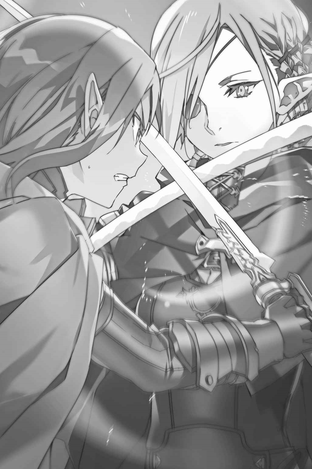 2girls abec bangs braid cape clenched_teeth gloves greyscale highres holding holding_sword holding_weapon kizmel monochrome multiple_girls novel_illustration official_art parted_bangs pointy_ears sword sword_art_online teeth upper_body weapon