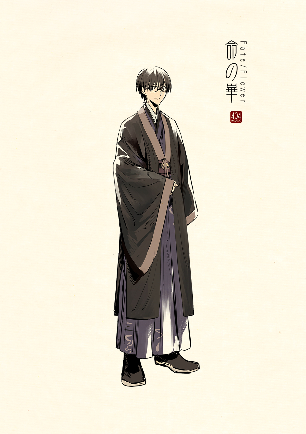 1boy adapted_costume arm_at_side artist_name bangs beige_background black_footwear black_hair boots character_request chinese_clothes closed_mouth coat concept_art copyright_name fate/grand_order fate_(series) full_body glasses hanfu highres logo long_sleeves looking_at_viewer male_focus robe sash simple_background sleeves_past_fingers sleeves_past_wrists smile solo standing wide_sleeves zerocastle