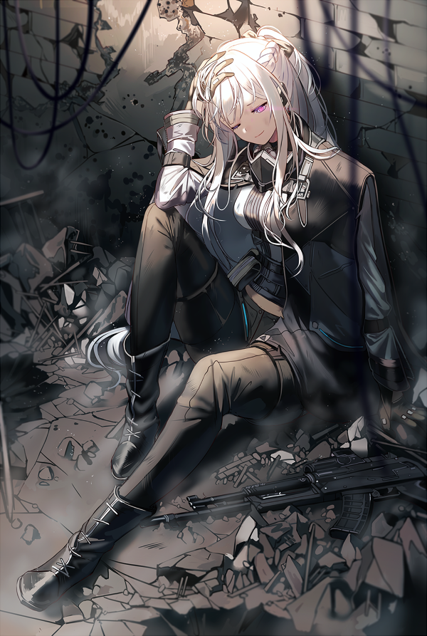 1girl ak-12 ak-12_(girls_frontline) assault_rifle bodysuit braid breasts commentary french_braid full_body girls_frontline gun long_hair long_sleeves looking_at_viewer medium_breasts one_eye_closed pink_eyes ponytail rifle silence_girl silver_hair sitting smile solo weapon