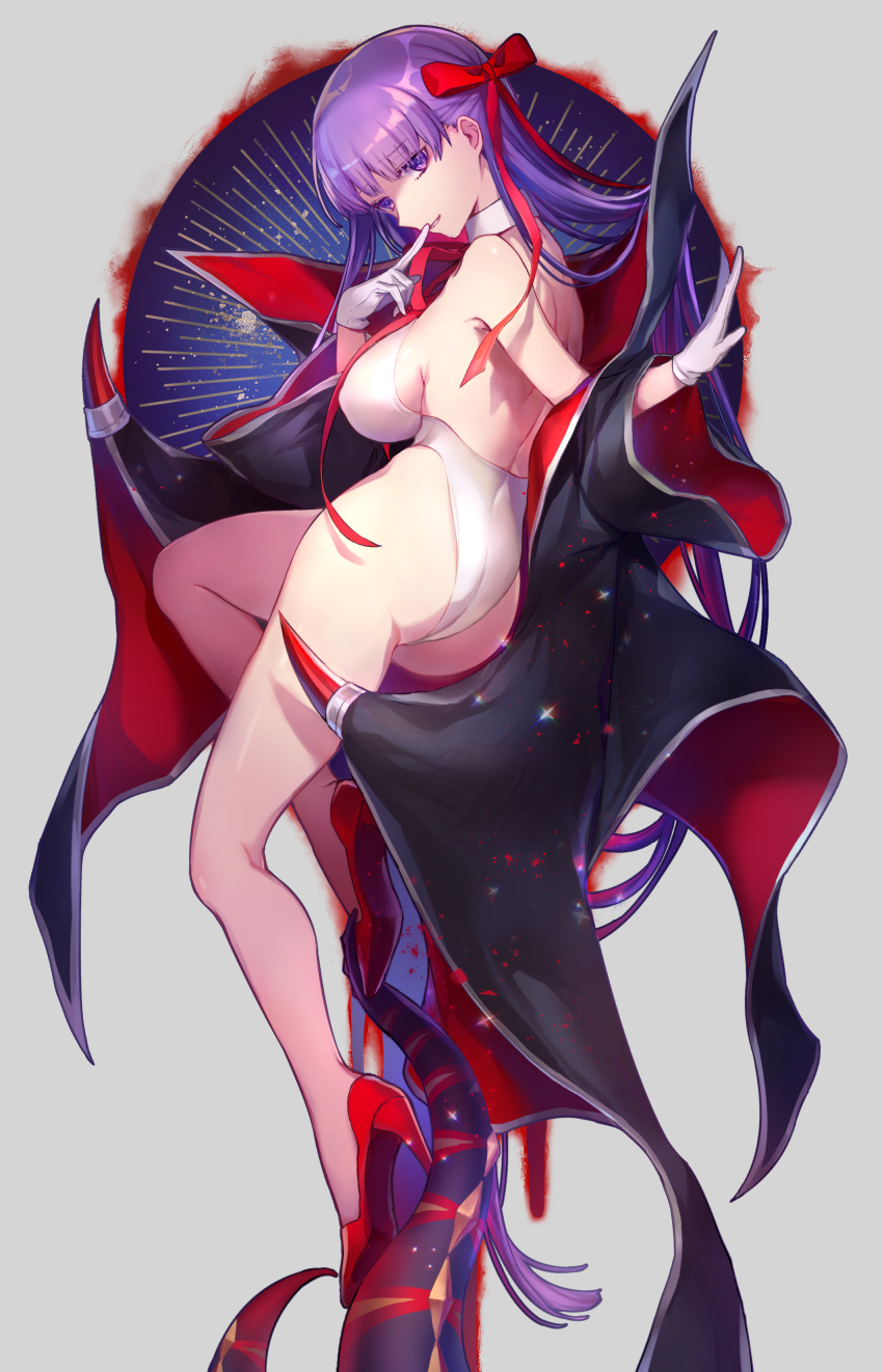 1girl ass bare_back bare_legs bat_wings bb_(fate)_(all) bb_(swimsuit_mooncancer)_(fate) black_coat bow breasts coat commentary_request eyebrows_visible_through_hair fate/grand_order fate_(series) finger_to_mouth full_body gloves hair_bow high_heels highres large_breasts legs long_hair long_sleeves looking_at_viewer open_clothes open_coat popped_collar purple_hair red_footwear red_ribbon ribbon smile solo swimsuit tentacles very_long_hair violet_eyes vivivivi white_gloves white_swimsuit wide_sleeves wings