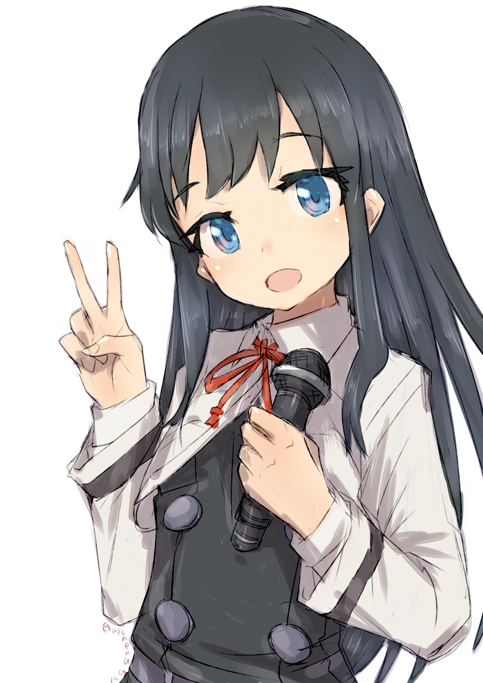 1girl alchera asashio_(kantai_collection) black_hair blazer blue_eyes commentary_request dress jacket kantai_collection long_hair long_sleeves looking_at_viewer microphone neck_ribbon pinafore_dress red_ribbon remodel_(kantai_collection) ribbon shirt simple_background solo upper_body v white_background white_jacket white_shirt