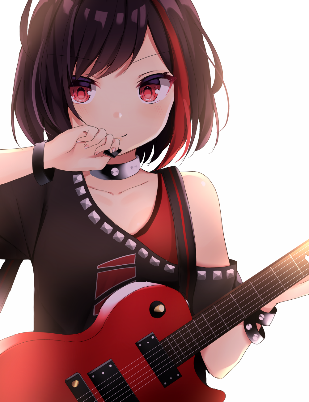 &gt;:) 1girl bang_dream! bangs bare_shoulders black_collar black_hair black_shirt closed_mouth collar collarbone electric_guitar eyebrows_visible_through_hair guitar highres holding holding_instrument holding_plectrum instrument komomo_(ptkrx) mitake_ran multicolored_hair off_shoulder plectrum red_eyes redhead shirt simple_background smile solo streaked_hair studded_bracelet studded_collar upper_body v-shaped_eyebrows white_background