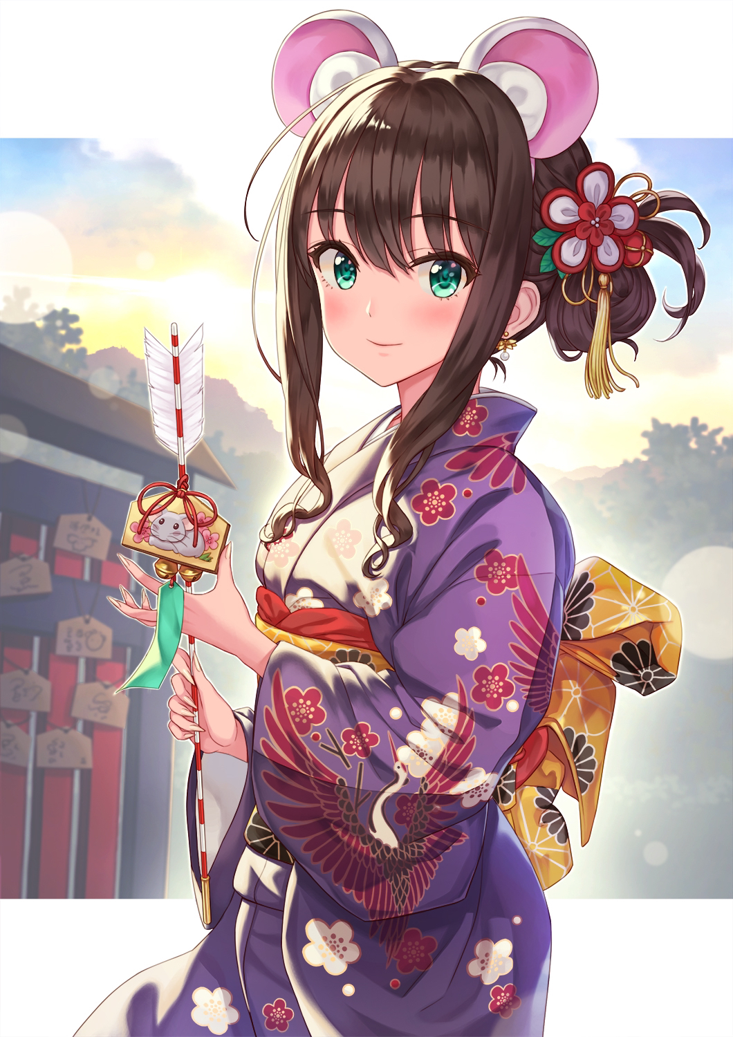 1girl animal_ears arrow bangs bell blush brown_hair chinese_zodiac closed_mouth day earrings ema eyebrows_visible_through_hair fake_animal_ears floral_print flower green_eyes hair_between_eyes hair_flower hair_ornament hamaya hhama highres idolmaster idolmaster_cinderella_girls japanese_clothes jewelry jingle_bell kimono long_hair long_sleeves looking_at_viewer mouse_ears new_year obi outdoors purple_kimono sash shibuya_rin smile solo standing year_of_the_rat