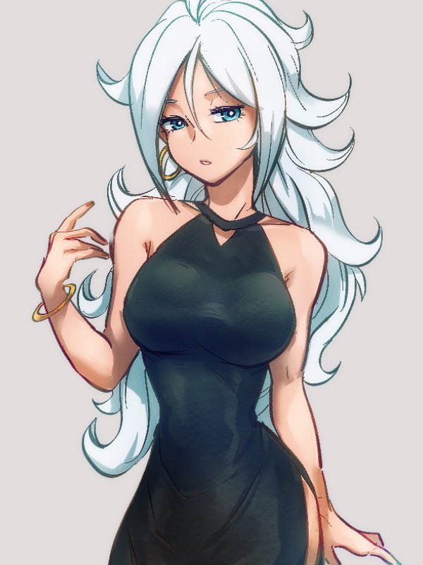 1girl alternate_eye_color android_21 bangle black_dress blue_eyes bracelet breasts curly_hair dragon_ball dragon_ball_fighterz dress earrings halter_dress hoop_earrings jewelry kemachiku large_breasts light_persona long_hair looking_at_viewer no_eyewear side_slit silver_hair sleeveless sleeveless_dress slender_waist solo