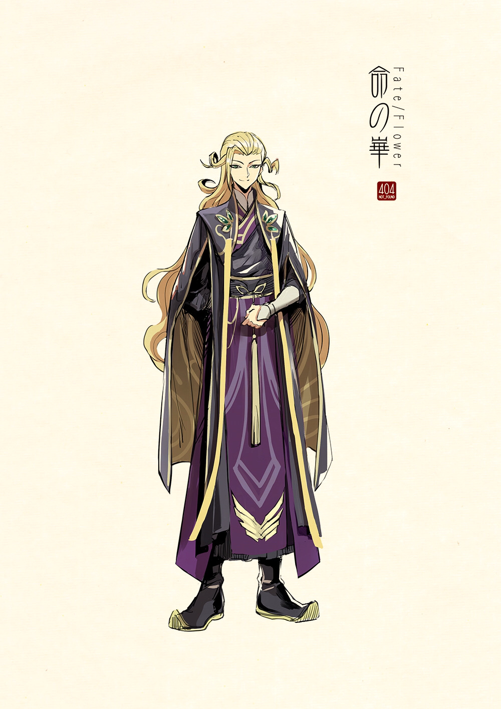 1boy adapted_costume arm_behind_back artist_name beige_background black_footwear blonde_hair boots character_request chinese_clothes cloak concept_art copyright_name fate/grand_order fate_(series) full_body green_eyes hair_slicked_back hanfu highres jewelry layered_sleeves logo long_hair long_sleeves looking_at_viewer robe sash simple_background smile solo standing tassel very_long_hair zerocastle