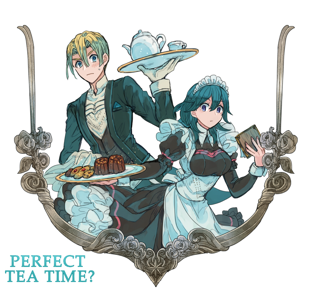 1boy 1girl alternate_costume apron blonde_hair blue_eyes blue_hair blush breasts butler byleth_(fire_emblem) byleth_eisner_(female) cake cookie cowboy_shot cup dimitri_alexandre_blaiddyd dress english_text eyebrows_visible_through_hair fire_emblem fire_emblem:_three_houses food frilled_sleeves frills gloves hair_between_eyes long_sleeves looking_at_viewer maid maid_apron maid_headdress medium_breasts medium_hair mena_(suzunoki) puffy_long_sleeves puffy_sleeves shirt short_hair simple_background sweatdrop tea_set teacup teapot towel tray vest white_background white_gloves wrist_cuffs