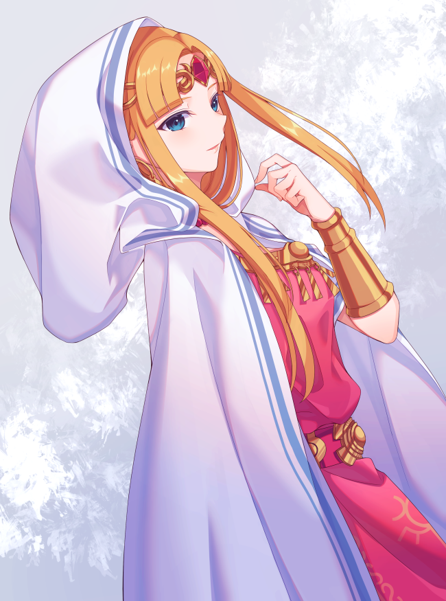 1girl bangs belt bitikara blue_eyes blush bracer cape circlet commentary_request dress earrings eyebrows_visible_through_hair forehead_jewel gem hand_up hood hood_up hooded_cape jewelry looking_afar looking_away parted_bangs parted_lips pink_dress princess_zelda ruby_(gemstone) smile solo super_smash_bros. the_legend_of_zelda the_legend_of_zelda:_a_link_between_worlds the_legend_of_zelda:_a_link_to_the_past two-tone_background white_cape