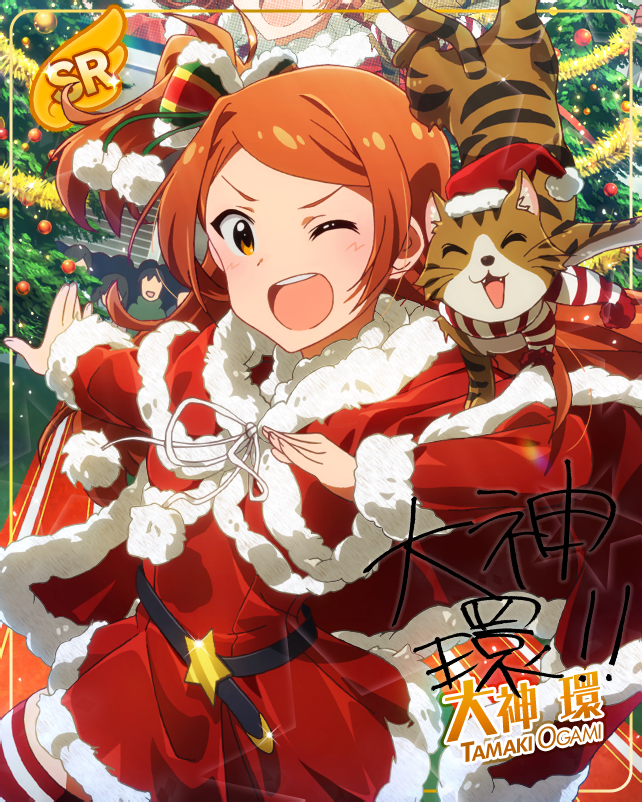 blush character_name dress idolmaster_million_live!_theater_days long_hair oogami_tamaki orange_eyes orange_hair smile wink