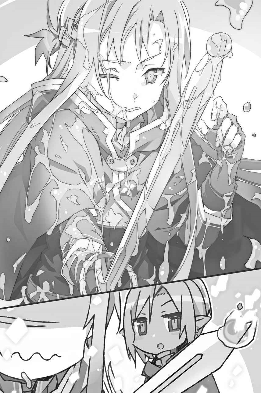 2girls abec asuna_(sao) cape earrings fingerless_gloves gloves greyscale highres holding holding_sword holding_weapon jewelry kizmel long_hair monochrome multiple_girls novel_illustration official_art pointy_ears slime split_screen sword sword_art_online very_long_hair weapon