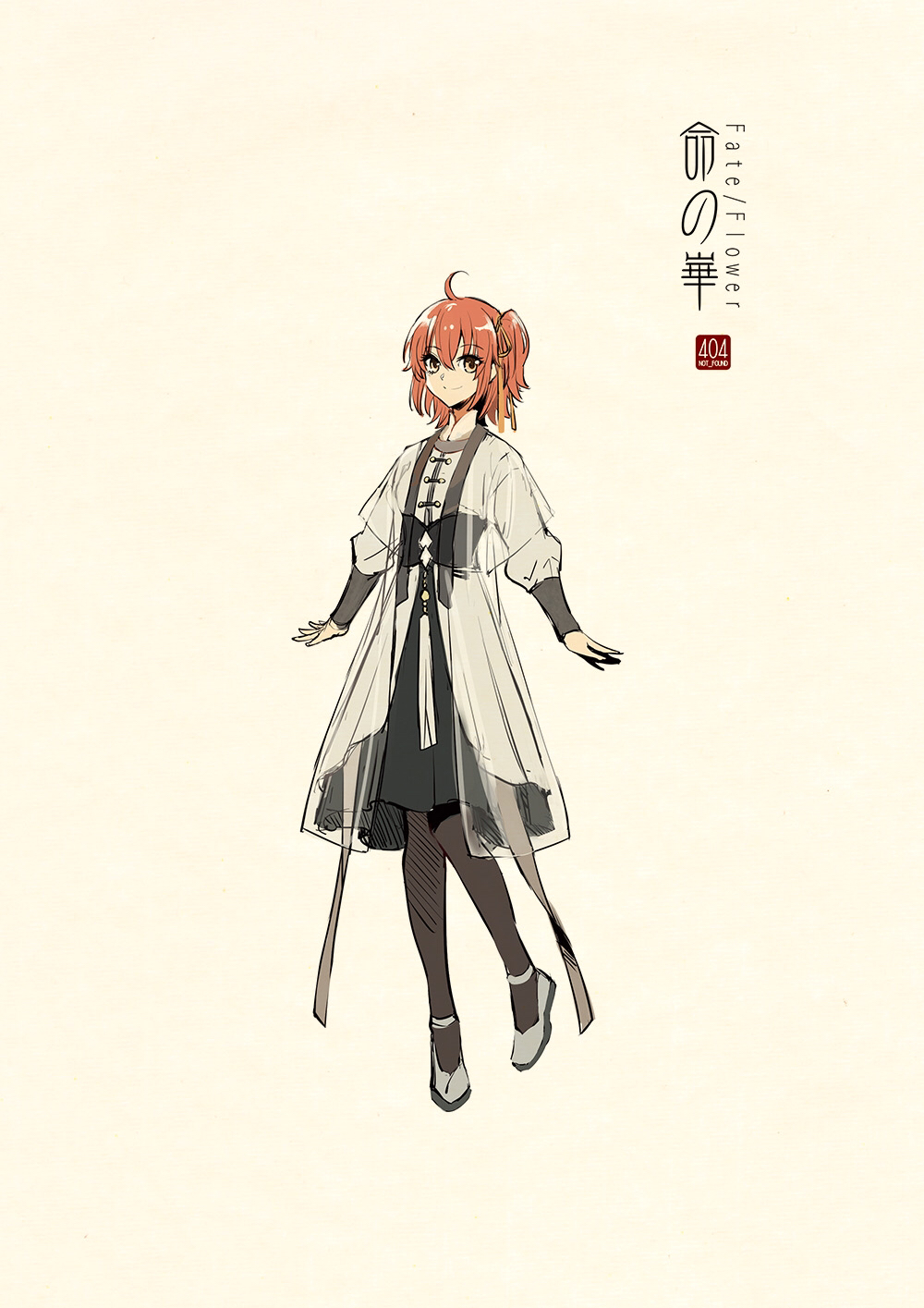 1girl adapted_costume ahoge arm_guards arms_at_sides artist_name bangs beige_background black_legwear breasts character_request chinese_clothes closed_mouth concept_art copyright_name dress fate/grand_order fate_(series) floating full_body grey_footwear hair_ribbon hanfu highres jewelry logo long_sleeves one_side_up pantyhose puffy_long_sleeves puffy_sleeves redhead ribbon robe sash see-through shoes short_hair small_breasts smile solo tassel toggles yellow_eyes zerocastle