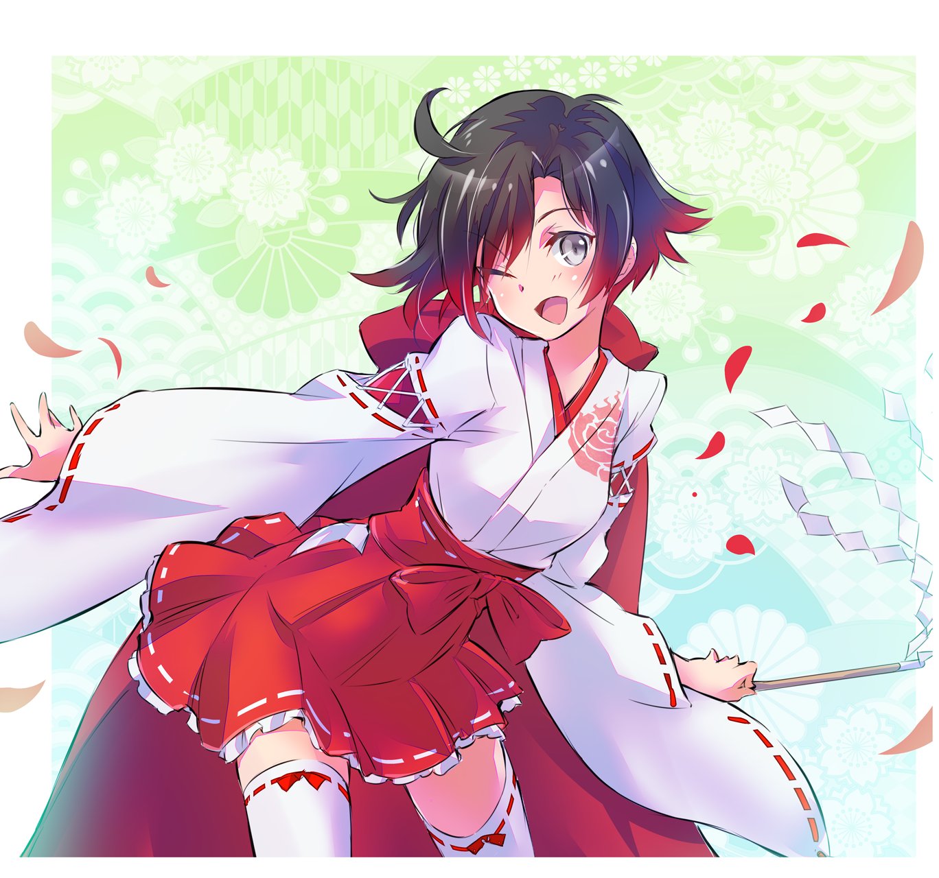 1girl black_hair cape cloak flower gohei gradient_hair grey_eyes hakama hakama_skirt highres hip_vent hood hooded_cloak iesupa japanese_clothes kimono miko multicolored_hair nontraditional_miko petals red_cape red_hakama redhead ribbon-trimmed_sleeves ribbon_trim rose rose_petals ruby_rose rwby shide short_hair solo thigh-highs two-tone_hair white_kimono wide_sleeves