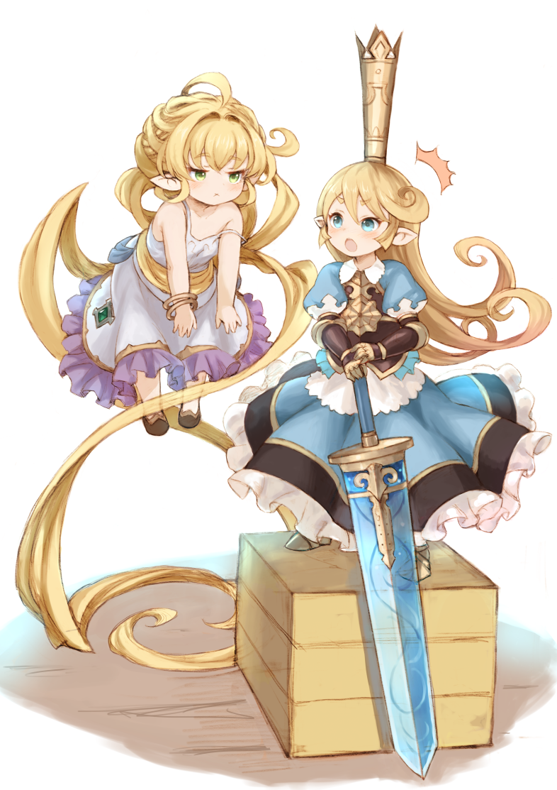 /\/\/\ 2girls :x ahoge armor armored_boots armored_dress bangle bare_shoulders blonde_hair blue_eyes blush boots box bracelet breastplate charlotta_fenia commentary_request crown dress floating frilled_dress frills gauntlets gold_trim granblue_fantasy green_eyes hair_intakes harvin jewelry long_hair m-eine melissabelle multiple_girls open_mouth pointy_ears puffy_short_sleeves puffy_sleeves short_sleeves simple_background standing standing_on_object strap_slip sword very_long_hair weapon