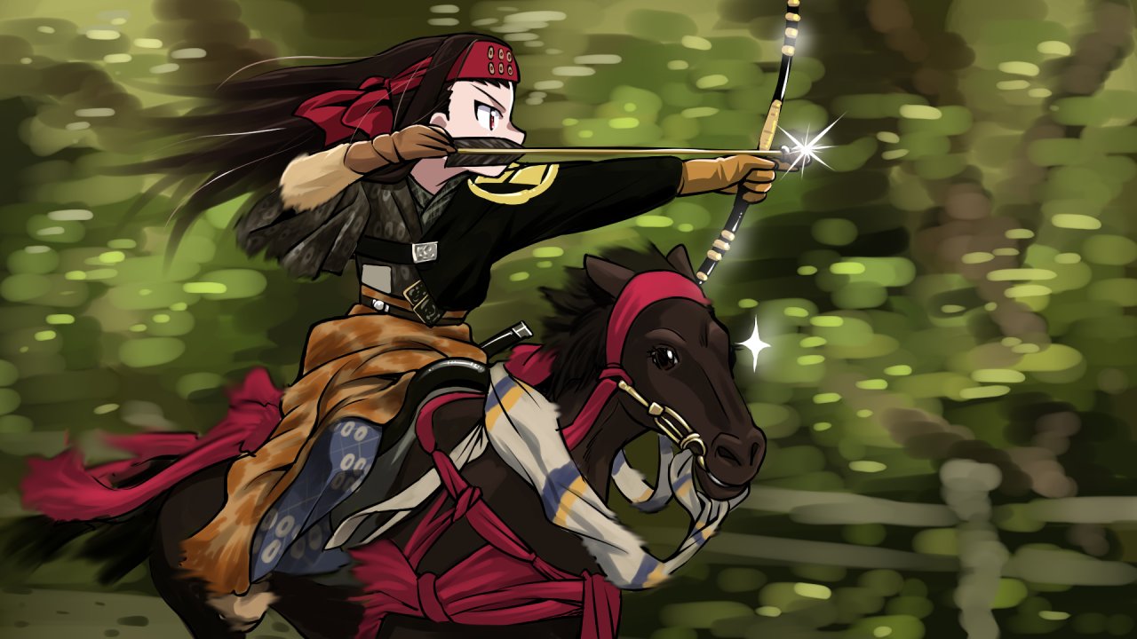 1girl aiming archery arrow belt black_belt black_shirt bow_(weapon) brown_eyes brown_gloves brown_hair brown_skirt commentary day drawing_bow girls_und_panzer gloves headband holding holding_arrow holding_bow_(weapon) holding_weapon horse horseback_riding long_hair long_sleeves motion_blur outdoors r-ex red_headband riding saemonza_(girls_und_panzer) shirt skirt solo sparkle weapon wind