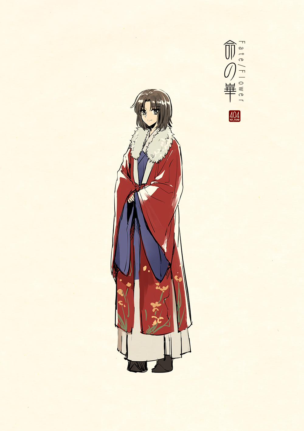 1girl adapted_costume artist_name bangs beige_background black_footwear black_hair bob_cut boots character_request chinese_clothes closed_mouth coat concept_art copyright_name fate/grand_order fate_(series) full_body fur-trimmed_coat fur_trim grey_eyes hanfu highres logo long_sleeves looking_at_viewer own_hands_together parted_bangs red_coat robe ryougi_shiki sash simple_background sleeves_past_fingers sleeves_past_wrists smile solo standing wide_sleeves zerocastle