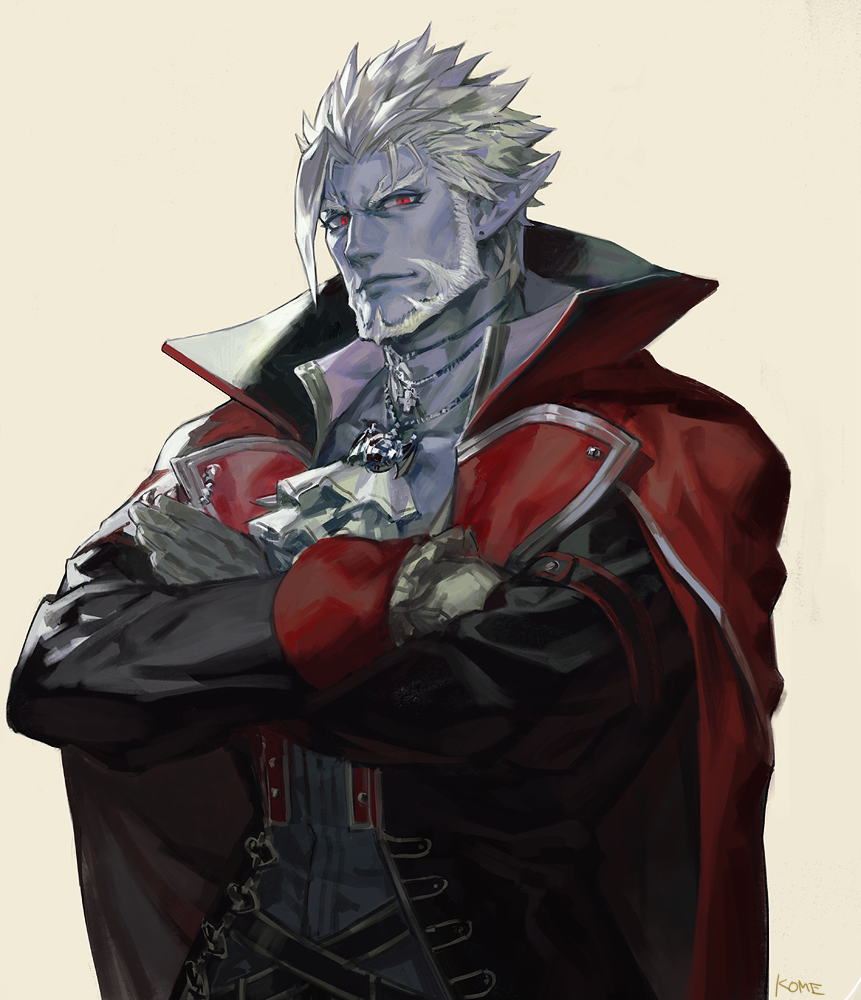 1boy blue_skin cape closed_mouth cross cross_necklace crossed_arms ear_piercing facial_mark frills frischenq gilzaren_iii gloves jewelry necklace original piercing pointy_ears red_eyes signature simple_background solo spiky_hair vampire virtual_youtuber white_gloves white_hair yellow_background