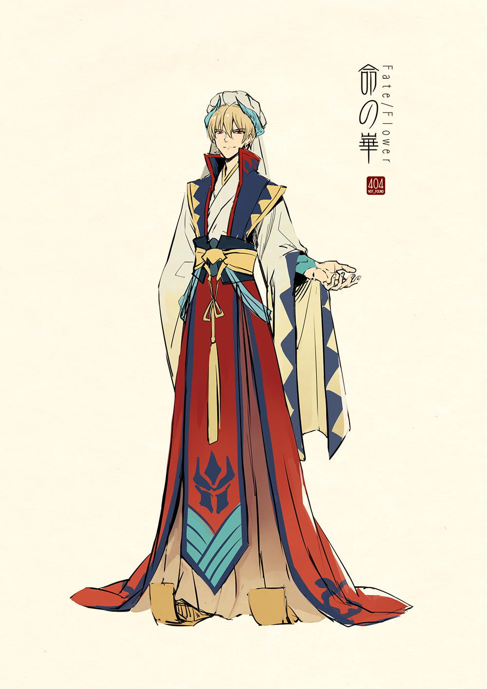 1boy adapted_costume arm_behind_back artist_name bangs beige_background blonde_hair character_request chinese_clothes closed_mouth concept_art copyright_name earrings fate/grand_order fate_(series) full_body gilgamesh gilgamesh_(caster)_(fate) hair_between_eyes hanfu highres horns jewelry logo long_sleeves looking_at_viewer outstretched_hand red_eyes robe sash shoes simple_background smirk solo standing vest wide_sleeves zerocastle