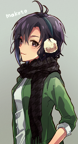 1girl anaroguya antenna_hair bangs black_eyes black_hair character_name closed_mouth dress_shirt earmuffs green_jacket grey_background hair_between_eyes idolmaster idolmaster_(classic) jacket kikuchi_makoto long_sleeves open_clothes open_jacket shirt short_hair solo upper_body white_shirt