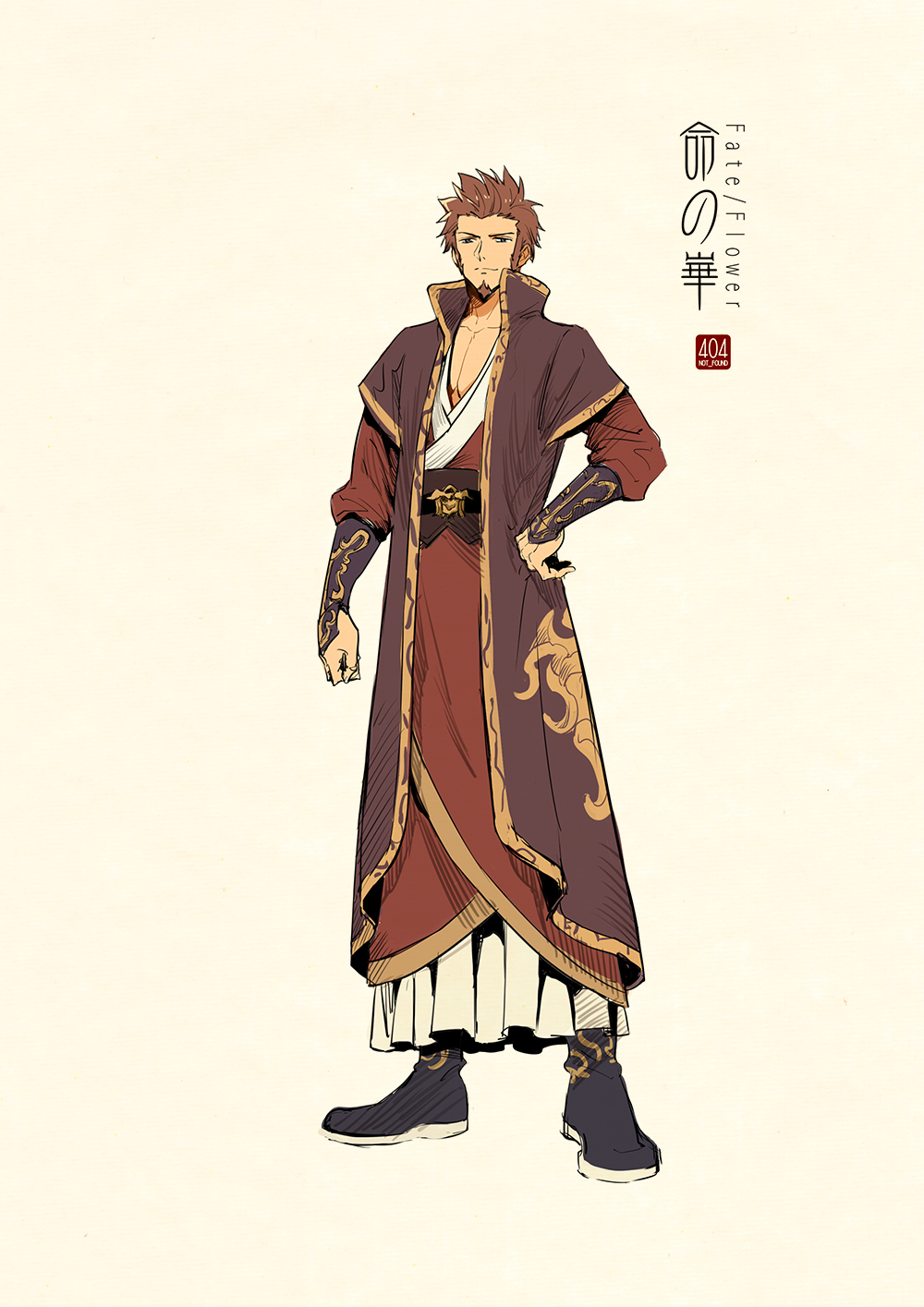 1boy adapted_costume arm_at_side arm_guards artist_name beige_background black_footwear boots brown_hair character_request chest chinese_clothes closed_mouth coat concept_art copyright_name facial_hair fate/grand_order fate_(series) full_body goatee hand_on_hip hanfu highres logo long_sleeves looking_at_viewer male_focus robe sash short_over_long_sleeves short_sleeves side_bun simple_background smirk solo standing wide_sleeves zerocastle
