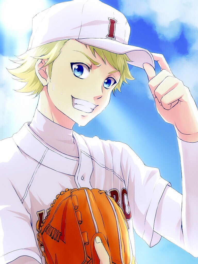 1boy ace_of_diamond adjusting_clothes adjusting_hat baseball_cap baseball_mitt baseball_uniform blonde_hair blue_eyes blue_sky day hat long_sleeves looking_at_viewer male_focus nakamu_405 narumiya_mei outdoors shirt sky smile solo sportswear upper_body white_headwear white_shirt