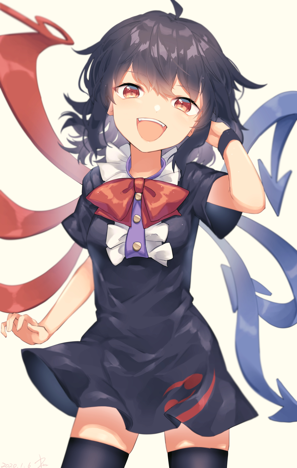 1girl :d ahoge asymmetrical_wings bangs beige_background black_dress black_hair black_legwear blue_wings bow bowtie breasts center_frills commentary cowboy_shot dated dress eyebrows_visible_through_hair fangs hair_between_eyes hand_in_hair hand_up head_tilt highres houjuu_nue kisamu_(ksmz) looking_at_viewer open_mouth red_bow red_eyes red_neckwear red_wings short_dress short_hair short_sleeves signature simple_background small_breasts smile solo standing thigh-highs touhou wings wristband zettai_ryouiki