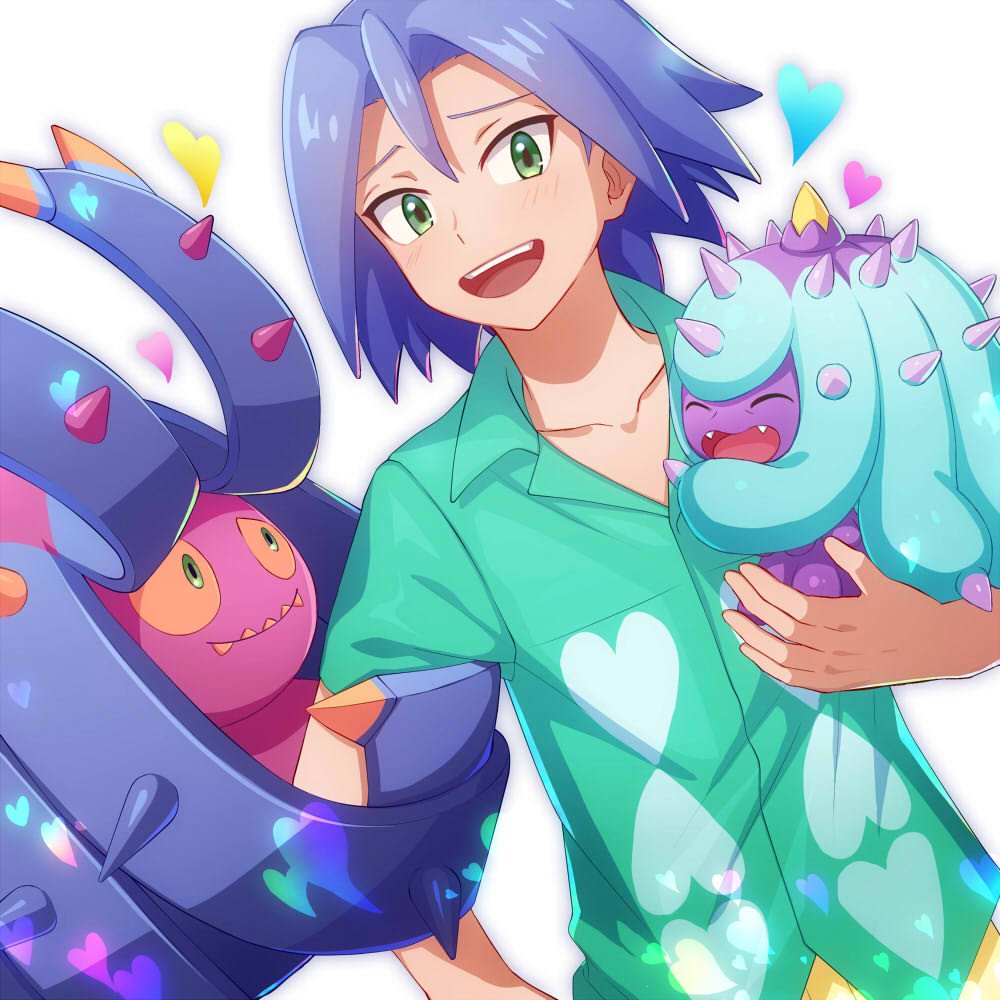 blue_hair blush green_eyes heart kojirou_(pokemon) mareanie shirt t-shirt tomatsukaze toxapex