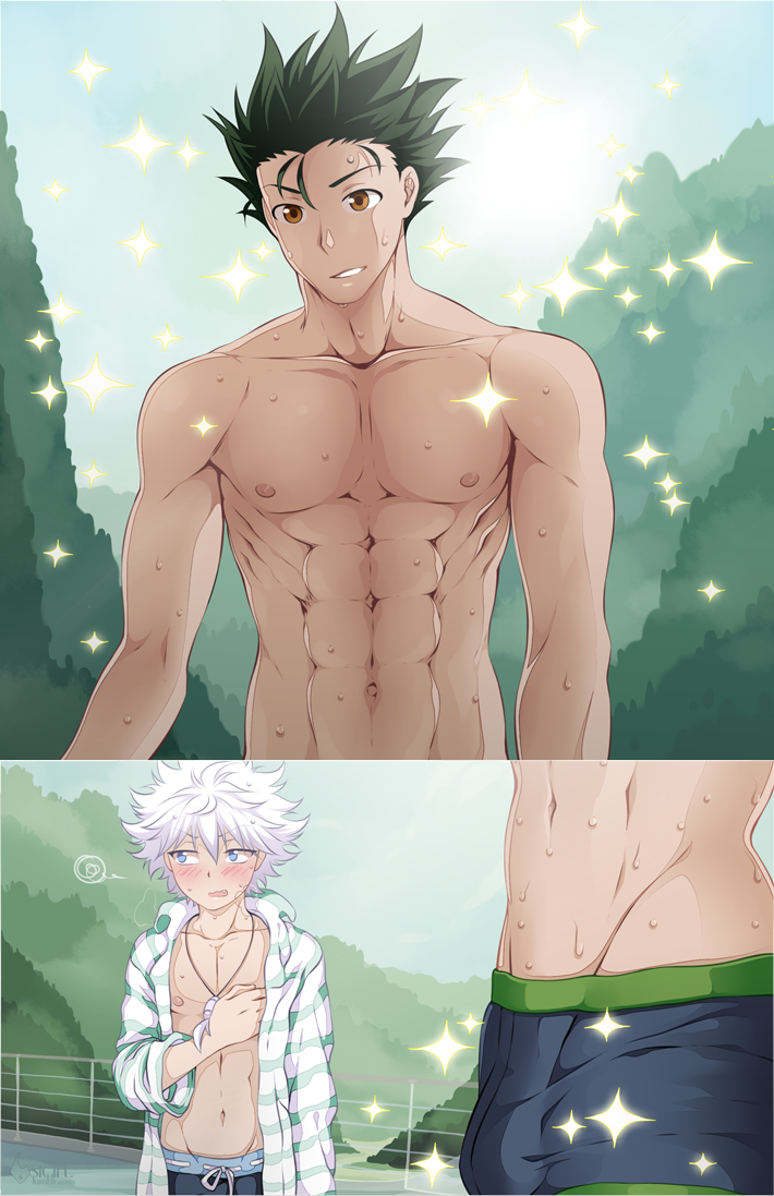 2boys abs blush brown_eyes bulge gon-san gon_freecss green_hair hunter_x_hunter killua_zoldyck multiple_boys muscle nipples open_clothes open_mouth open_shirt shailo shirtless sparkle sweat yaoi