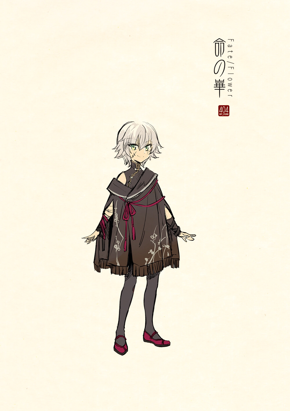 1girl adapted_costume arm_wrap artist_name bare_shoulders beige_background black_legwear character_request chinese_clothes cloak closed_mouth concept_art copyright_name facial_scar fate/grand_order fate_(series) flipped_hair fringe_trim full_body green_eyes hanfu highres legs_apart logo long_sleeves looking_at_viewer off_shoulder pantyhose pink_footwear ribbon scar scar_across_eye shoes short_hair simple_background sleeveless smile solo standing toggles unmoving_pattern zerocastle