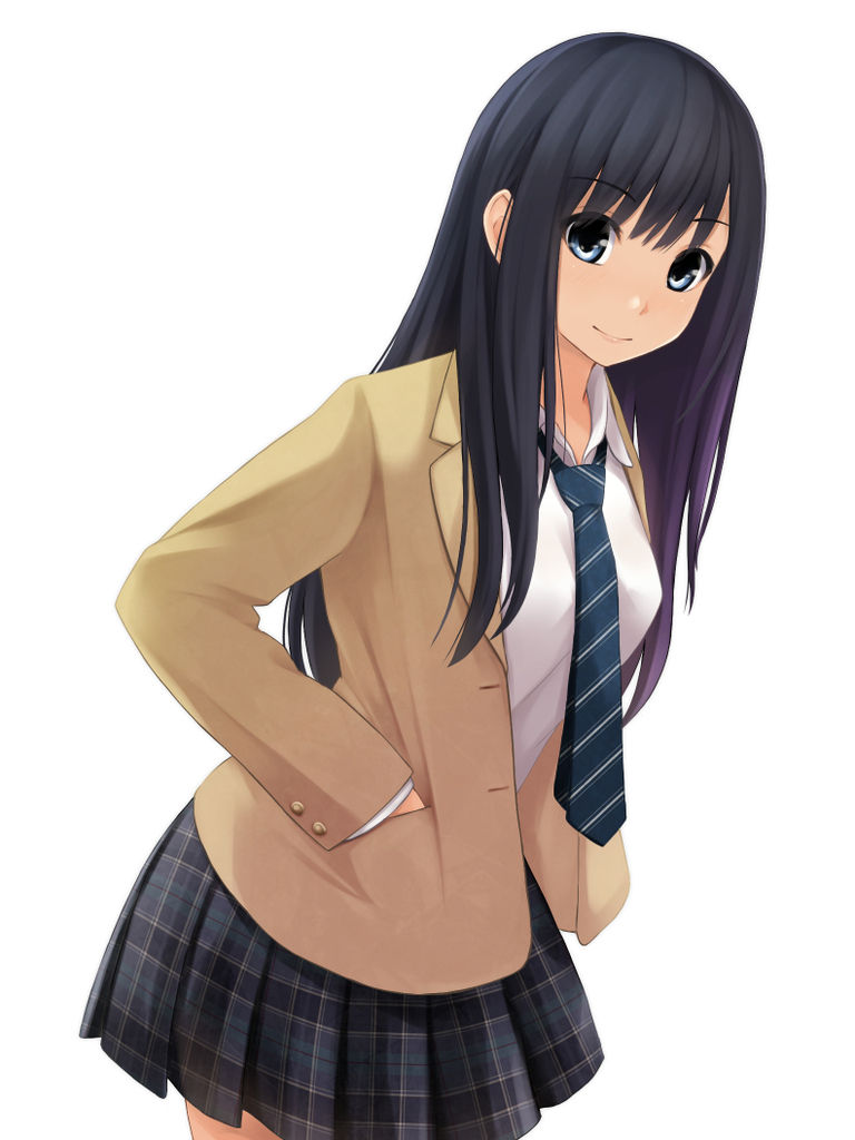 1girl beige_jacket black_hair blue_eyes blue_neckwear breasts collared_shirt commentary_request cowboy_shot eyebrows_visible_through_hair hands_in_pockets kamikawa_tamaki long_hair looking_at_viewer medium_breasts necktie nonaka_ritsu original plaid plaid_skirt pleated_skirt school_uniform shirt simple_background skirt smile solo white_background white_shirt
