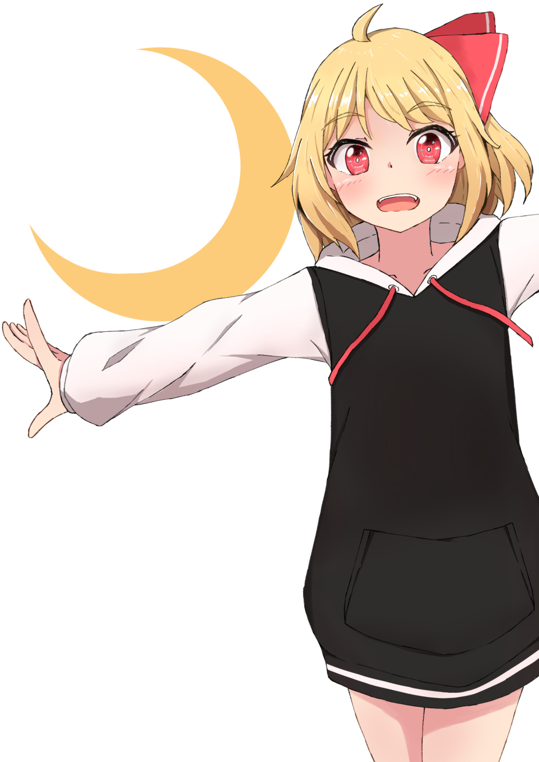 1girl ahoge alternate_costume black_hoodie blonde_hair blush bright_pupils cowboy_shot crescent drawstring eyebrows_visible_through_hair hair_ribbon highres hood hood_down hoodie long_sleeves looking_at_viewer mizune_(winter) open_mouth outstretched_arms red_eyes ribbon rumia short_hair simple_background solo spread_arms standing touhou upper_teeth white_background white_pupils