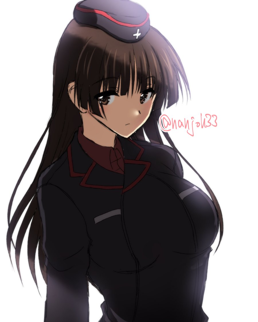 1girl backlighting bangs black_headwear black_jacket blunt_bangs brown_eyes brown_hair closed_mouth commentary dress_shirt eyebrows_visible_through_hair frown garrison_cap girls_und_panzer hat insignia jacket kuromorimine_military_uniform long_hair long_sleeves looking_at_viewer military military_hat military_uniform nanjou_satoshi nishizumi_shiho red_shirt shirt simple_background solo straight_hair twitter_username uniform upper_body white_background wing_collar younger