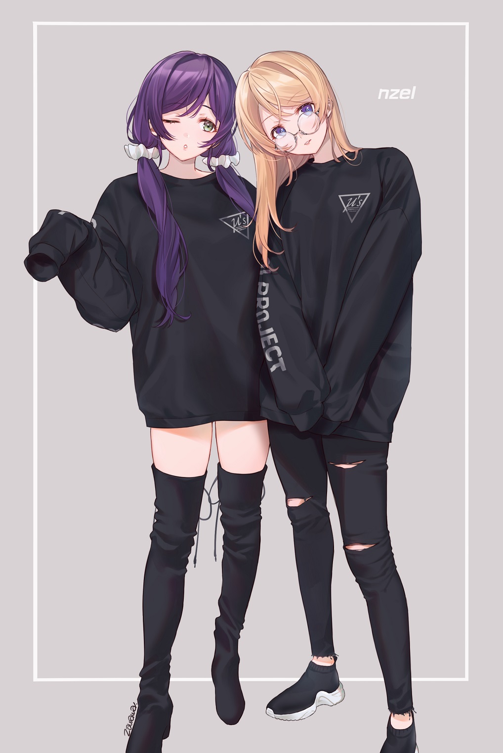 2girls ;o ayase_eli bangs bespectacled black_footwear black_legwear black_pants black_shirt blonde_hair blue_eyes boots breasts eyelashes feet_out_of_frame glasses green_eyes hair_down hair_ornament hair_over_shoulder hair_scrunchie hair_strand head_tilt highres light_smile long_hair long_sleeves looking_at_viewer love_live! love_live!_school_idol_project low_twintails multiple_girls no_pants one_eye_closed outside_border pants print_shirt pullover purple_hair round_eyewear scrunchie shirt shoes side-by-side sideways_glance sleeves_past_fingers sleeves_past_wrists socks standing swept_bangs tareme thigh-highs thigh_boots torn_clothes torn_pants toujou_nozomi twintails v_arms w_arms white_scrunchie zawawa_(satoukibi1108)