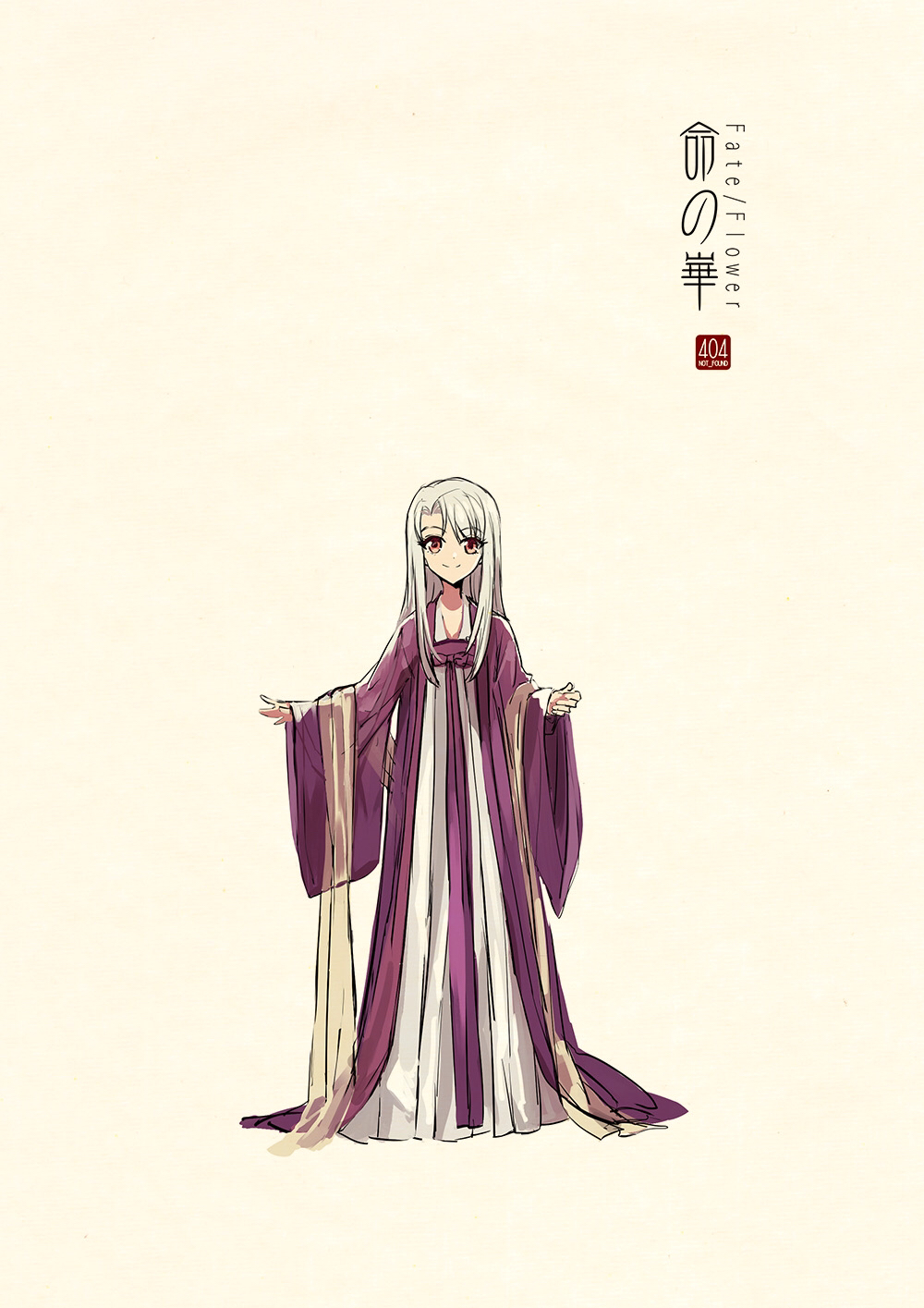 1girl adapted_costume artist_name bangs beige_background child chinese_clothes closed_mouth concept_art copyright_name fate/grand_order fate_(series) full_body hanfu highres illyasviel_von_einzbern logo long_hair long_sleeves looking_at_viewer outstretched_arms red_eyes ribbon robe sash see-through shawl silver_hair simple_background smile solo standing wide_sleeves zerocastle