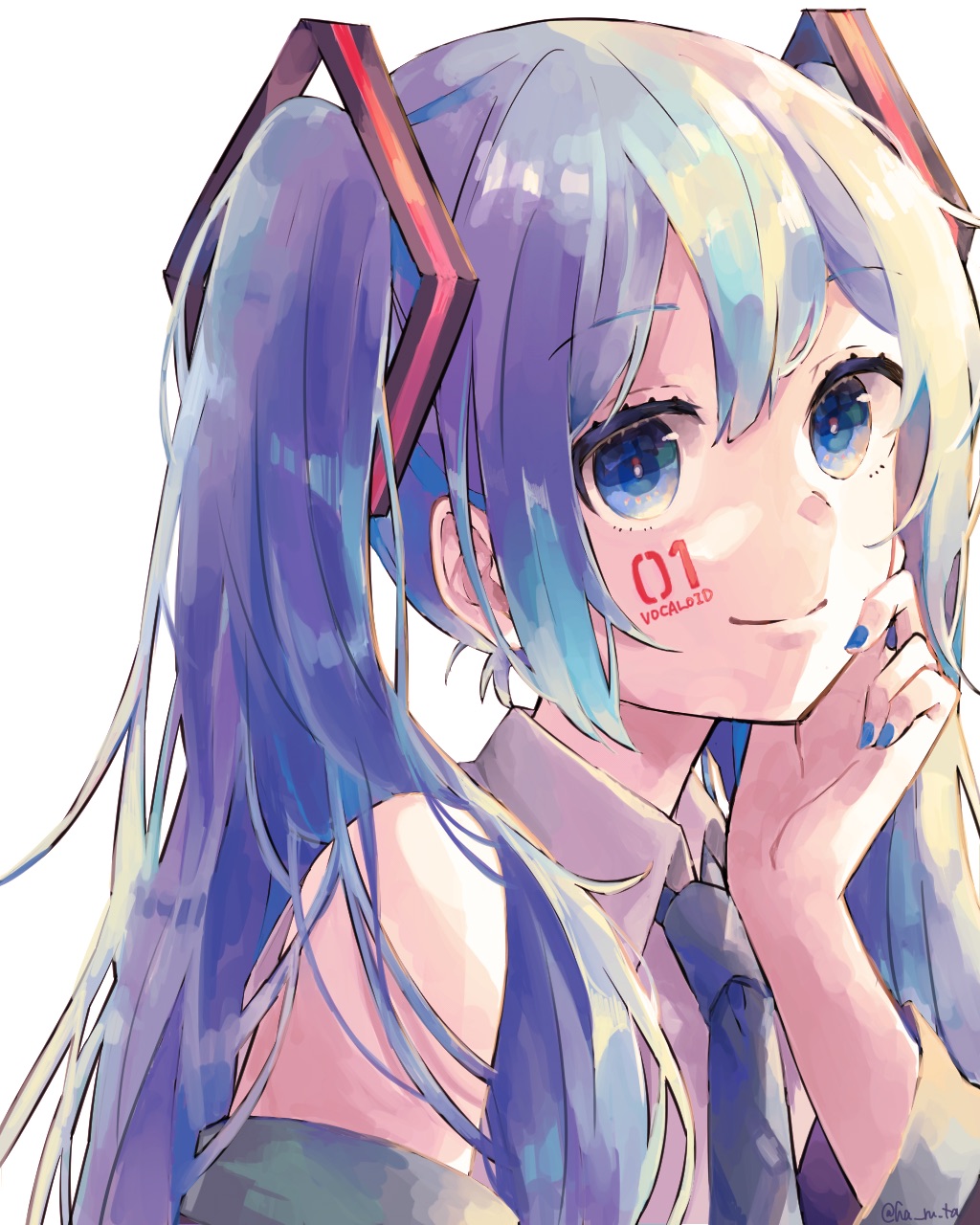 1girl bangs blue_eyes blue_hair blue_nails blue_neckwear chin_rest collared_shirt copyright_name detached_sleeves facial_tattoo grey_shirt haruta_(user_dndp3458) hatsune_miku highres long_hair looking_at_viewer necktie shirt simple_background smile solo tattoo twintails twitter_username upper_body vocaloid white_background