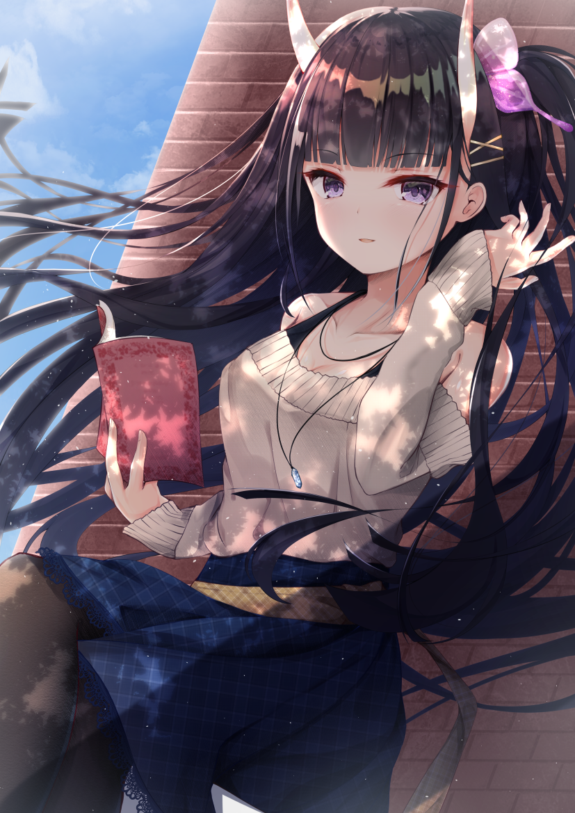 1girl azur_lane bangs bare_shoulders black_hair blue_skirt blunt_bangs brown_legwear casual collarbone commentary_request day floating_hair grey_sweater hair_ornament hairclip jewelry loli_ta1582 long_hair looking_at_viewer necklace noshiro_(azur_lane) off-shoulder_sweater off_shoulder oni_horns outdoors pantyhose parted_lips sitting skirt solo sweater tree_shade violet_eyes x_hair_ornament