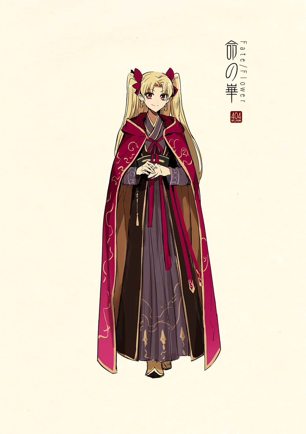 1girl adapted_costume artist_name bangs beige_background blonde_hair bow chinese_clothes cloak closed_mouth concept_art copyright_name earrings ereshkigal_(fate/grand_order) fate/grand_order fate_(series) full_body hair_bow hanfu highres hood hood_down hooded_cloak jewelry logo long_sleeves looking_at_viewer own_hands_together parted_bangs red_bow red_cloak red_eyes ribbon robe sash shoes simple_background smile solo standing two_side_up yellow_footwear zerocastle