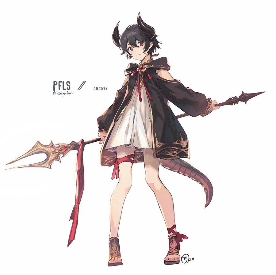 1other androgynous arms_behind_back brown_hair closed_mouth expressionless eyebrows_visible_through_hair full_body holding holding_weapon horns long_sleeves looking_at_viewer nagu original red_eyes red_ribbon ribbon short_hair solo tail twitter_username weapon