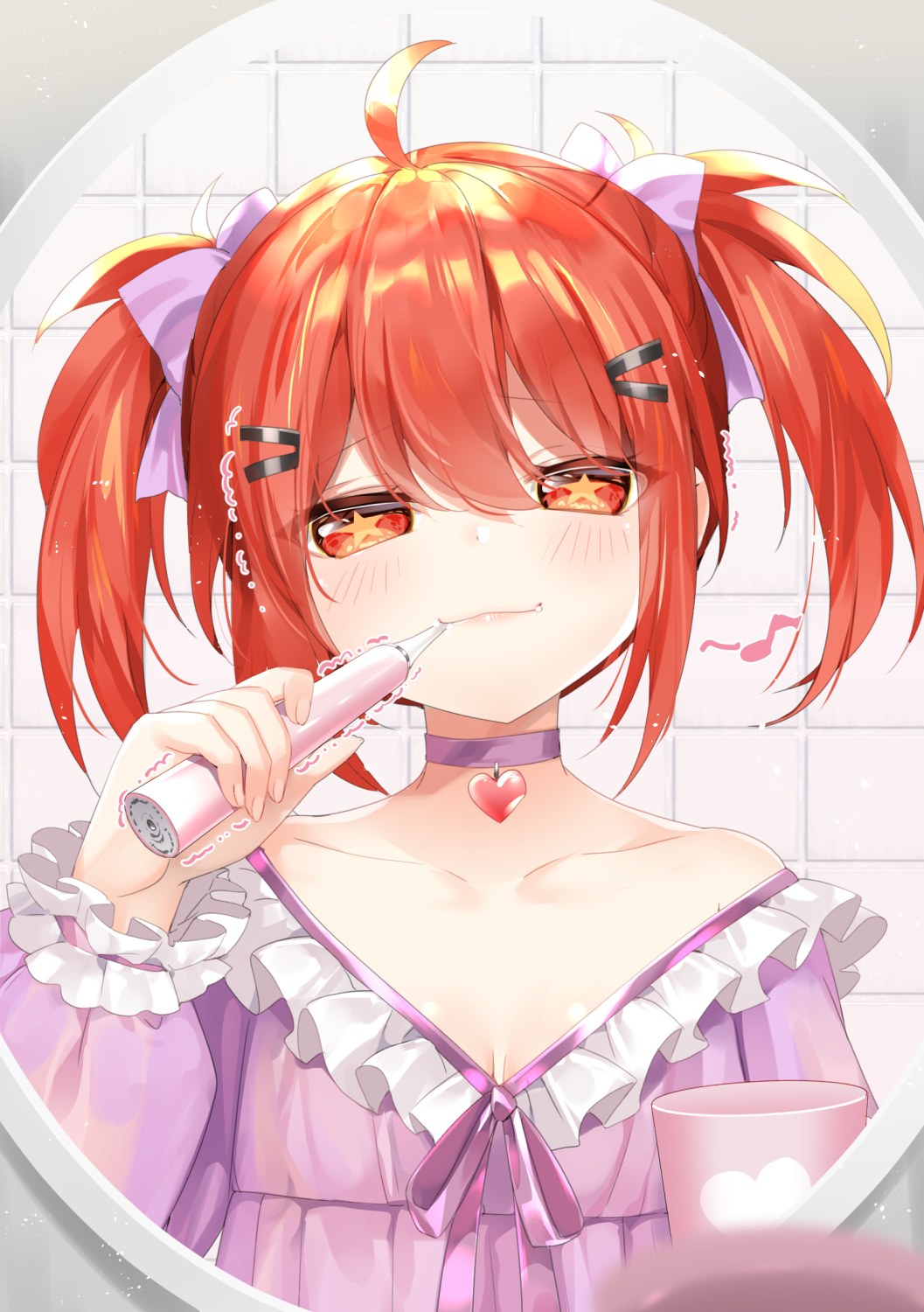 1girl ahoge bangs bare_shoulders blush bow choker closed_mouth collarbone commentary_request cup dress eighth_note electric_toothbrush eyebrows_visible_through_hair frilled_dress frills hair_between_eyes hair_bow hair_ornament hairclip half-closed_eyes hand_up heart heart_choker highres holding long_sleeves looking_at_viewer mug musical_note mvv off_shoulder original pink_dress puffy_long_sleeves puffy_sleeves purple_bow purple_choker red_eyes redhead smile solo star star-shaped_pupils symbol-shaped_pupils tile_wall tiles toothbrush toothbrush_in_mouth twintails vivian_(mvv)