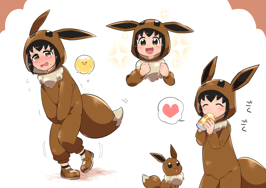 &gt;_&lt; 1girl :3 animal_ears bangs between_legs black_eyes black_hair black_legwear blush brown_eyes brown_footwear can clenched_hands closed_eyes commentary_request cosplay drinking eevee eevee_(cosplay) embarrassed fake_animal_ears fake_tail flat_chest flying_sweatdrops full_body gen_1_pokemon half-closed_eyes hand_between_legs hands_together hands_up happy have_to_pee heart holding hood kigurumi knees_together_feet_apart leg_up long_sleeves looking_at_another looking_at_viewer looking_up multiple_views nose_blush open_mouth pigeon-toed poke_kid_(pokemon) pokemon pokemon_(creature) pokemon_(game) pokemon_swsh shiny shiny_hair shoes short_hair simple_background sitting smile socks speech_bubble spoken_heart standing standing_on_one_leg suzumusi114 sweat tail tears translation_request trembling upper_body urine_meter v_arms white_background