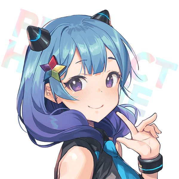 1girl blue_hair blue_neckwear blush character_request closed_mouth copyright_request eyebrows_visible_through_hair hair_ornament horns looking_at_viewer medium_hair nagu necktie sleeveless smile solo upper_teeth violet_eyes