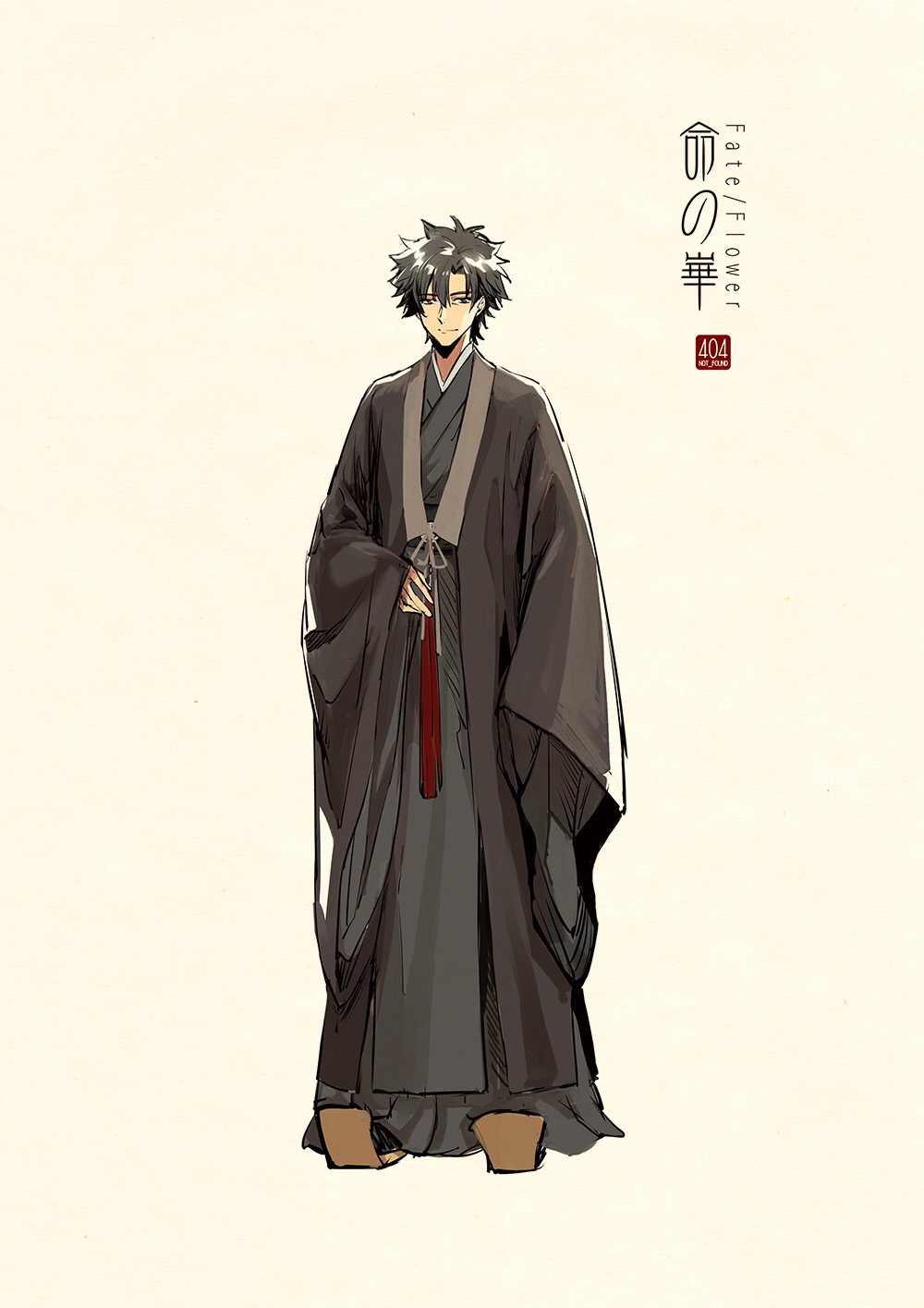 1boy adapted_costume arm_at_side artist_name bangs beige_background black_hair character_request chinese_clothes closed_mouth concept_art copyright_name fate/grand_order fate_(series) full_body hanfu highres light_smile logo long_sleeves looking_at_viewer male_focus ribbon robe sash simple_background sleeves_past_fingers sleeves_past_wrists smile solo standing wide_sleeves zerocastle